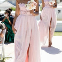 Lace Appliqued Sexy Bridesmaid Dresses,Pink Bridesmaid Dresses,Long Bridesmaid Dresses with Slit,302 - Thumbnail 1