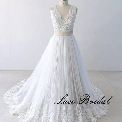Flowy a line tulle lace beach wedding dress, destination wedding dress with champagne lining,303 - Thumbnail 5