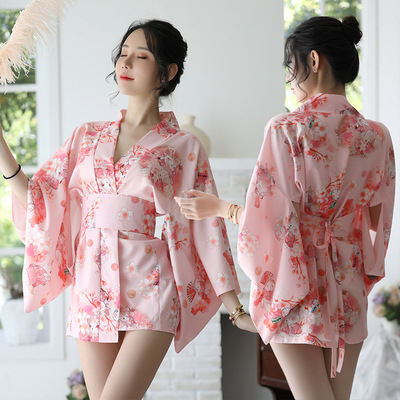 New Japanese-style printed cherry blossom kimono suit bathrobe sexy perspective temptation