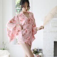 New Japanese-style printed cherry blossom kimono suit bathrobe sexy perspective temptation - Thumbnail 1