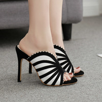 New stiletto heel black and white stripes color matching women sandals slippers S-406 - Thumbnail 2