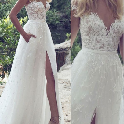Sexy lace tulle wedding dress with front slit,bridal dress,30 - Thumbnail 5