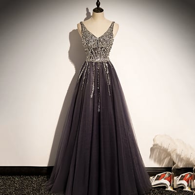 Stylish v neck tulle long prom dress a line evening dress - Thumbnail 3