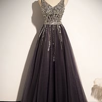 Stylish v neck tulle long prom dress A line evening dress - Thumbnail 4