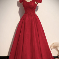 Red tulle long A line prom dress red evening dress - Thumbnail 2