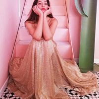 Glitter Gold V Neck Sparkly Sequin Long Prom Evening Dress Wedding Party Dress with Side Split - Thumbnail 2