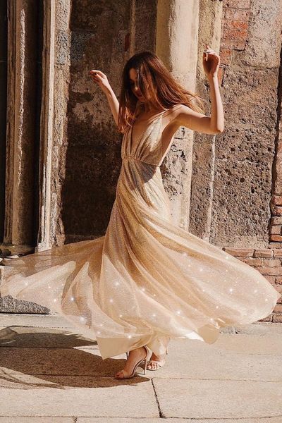 Glitter Gold V Neck Sparkly Sequin Long Prom Evening Dress Wedding Party Dress with Side Split