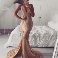 Glitter Mermaid V Neck Gold Sequin Long Prom Evening Dress with Side Split - Thumbnail 1