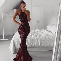 Charming Mermaid Halter Burgundy Sequin Long Prom Evening Dresses - Thumbnail 1