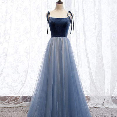 Blue velvet tulle long prom dress blue evening dress - Thumbnail 5