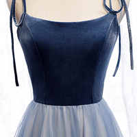 Blue velvet tulle long prom dress blue evening dress - Thumbnail 1