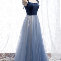 Blue velvet tulle long prom dress blue evening dress - Thumbnail 4