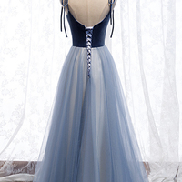 Blue velvet tulle long prom dress blue evening dress - Thumbnail 3