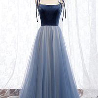 Blue velvet tulle long prom dress blue evening dress - Thumbnail 6