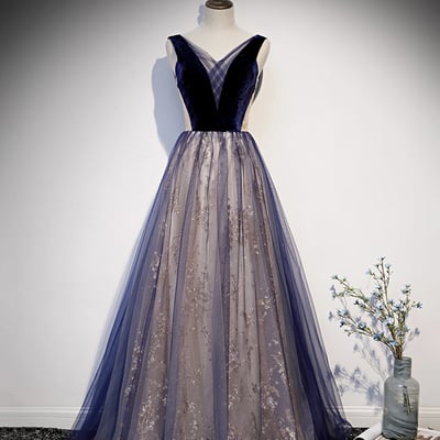 Blue v neck tulle long a line prom dress formal dress - Thumbnail 3