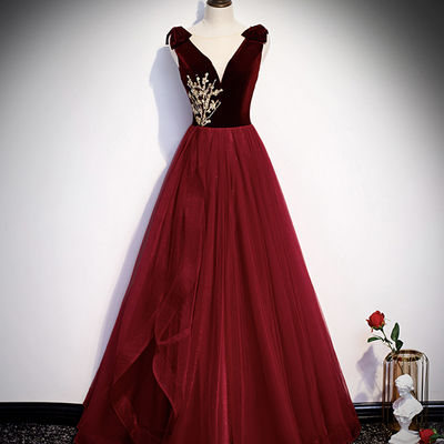 Burgundy tulle long a line prom dress formal dress - Thumbnail 5
