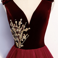 Burgundy tulle long A line prom dress formal dress - Thumbnail 1