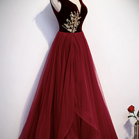 Burgundy tulle long A line prom dress formal dress - Thumbnail 2