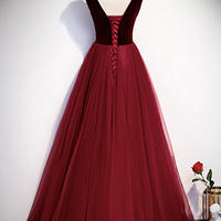 Burgundy tulle long A line prom dress formal dress - Thumbnail 3