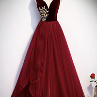 Burgundy tulle long A line prom dress formal dress - Thumbnail 5