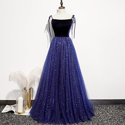 Blue velvet tulle long prom dress a line evening dress - Thumbnail 5