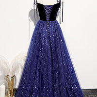 Blue velvet tulle long prom dress A line evening dress - Thumbnail 3