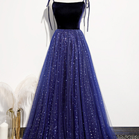 Blue velvet tulle long prom dress A line evening dress - Thumbnail 5