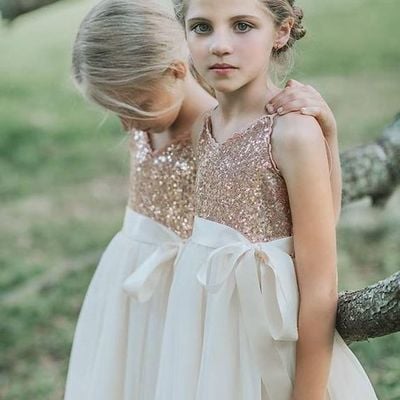 Pretty v neck sequin tulle knee length flower girl dress with belt bow