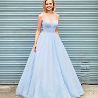 Cute Sparkly Ball Gown V Neck Straps Light Blue Prom Dresses - Thumbnail 1