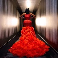 Black Girl Plus Size Prom Dresses Long 2021 African Style Red Lace Appliques Formal Mermaid Evening Dress Ruffles Sheer Neck Long Party Gowns,312 - Thumbnail 1