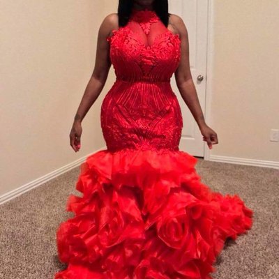 Black girl plus size prom dresses long 2021 african style red lace appliques formal mermaid evening dress ruffles sheer neck long party gowns,312 - Thumbnail 5