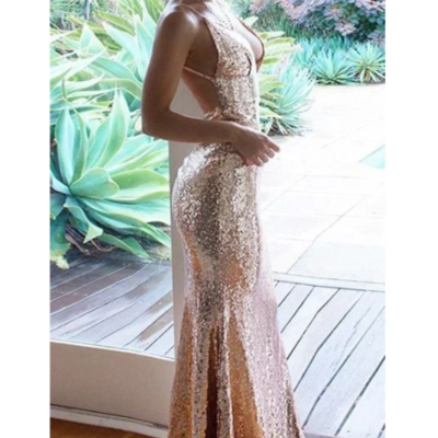 Rose gold sequined mermaid prom dresses,spaghetti straps backless party gowns,women formal party evening dress,313 - Thumbnail 3