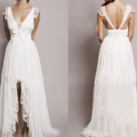 Ivory Lace Boho Wedding Dress 2021 High Low Summer Beach Wedding Dress Cap Sleeves V Neck Bridal Gowns,314 - Thumbnail 2