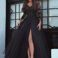 Black Side Split Long Sleeve Prom Dresses Lace Appliques Long Party Gowns Sexy Sheer Neck Prom Dress,315 - Thumbnail 1