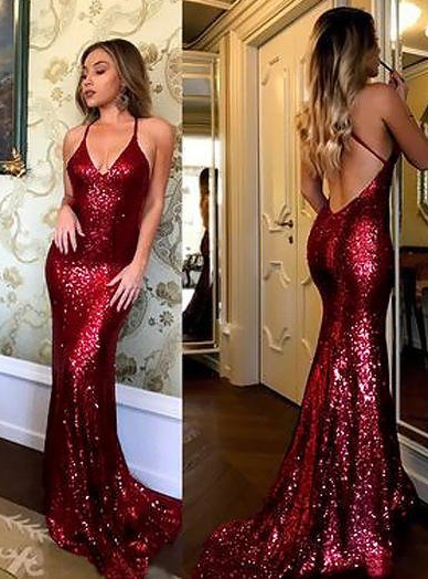 Sweep Train Spaghetti Straps Sequined Sheath/Column Prom Dresses,324