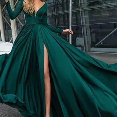 A-line/princess chiffon prom dresses ruffle split front v-neck long sleeves floor-length,325 - Thumbnail 4