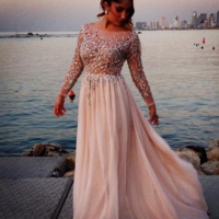Scoop Neck A-Line/Princess Simple Chiffon Prom Dresses,Floor Length Party Dresses,Beading Prom Dress,332 - Thumbnail 1