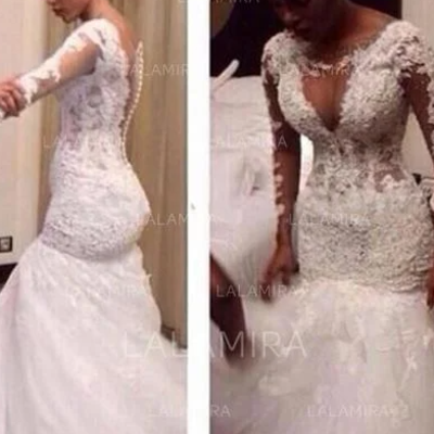 Trumpet/mermaid tulle lace long sleeves scoop chapel train wedding dresses,334 - Thumbnail 2