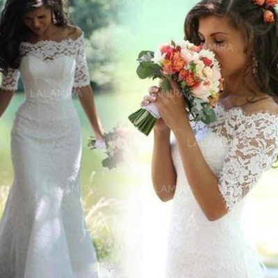 Elegant trumpet/mermaid with lace wedding dresses,half sleeves wedding dresses,lace mermaid bridal dresses,335 - Thumbnail 4