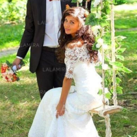 Elegant Trumpet/Mermaid With Lace Wedding Dresses,Half Sleeves Wedding Dresses,Lace Mermaid Bridal Dresses,335 - Thumbnail 1