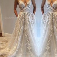 Chic Deep V Neck A-Line/Princess Wedding Dresses Court Train Tulle Sleeveless,336 - Thumbnail 1