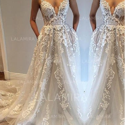 Chic deep v neck a-line/princess wedding dresses court train tulle sleeveless,336 - Thumbnail 4