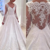 Ball-Gown V-neck Court Train Satin Lace Wedding Dresses,Floor Length Bridal Gowns,Lace Appliques Wedding Dresses,337 - Thumbnail 1