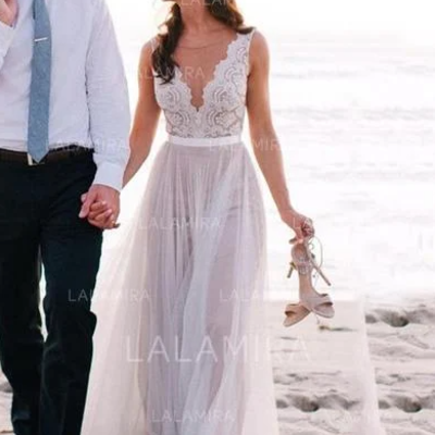 A-line/princess v-neck sweep train tulle wedding dresses,338 - Thumbnail 2