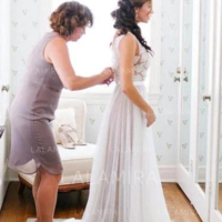 A-Line/Princess V-neck Sweep Train Tulle Wedding Dresses,338 - Thumbnail 1