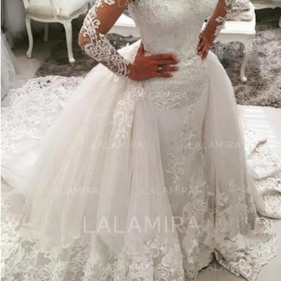 Ball-gown tulle long sleeves v-neck cathedral train wedding dresses,341 - Thumbnail 4