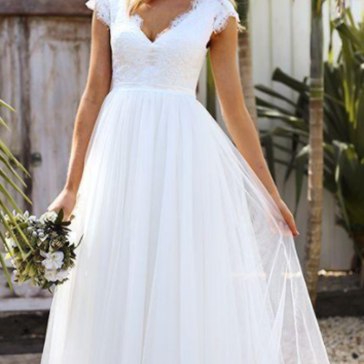 Vintage lace boho wedding dresses v neck ankle length beach wedding dress cap sleeves bridal gowns,342 - Thumbnail 3