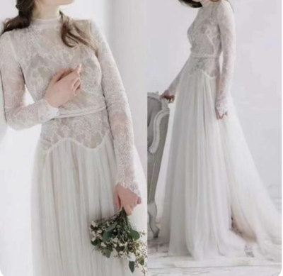 Vintage Lace High Neck Wedding Dress Long Sleeves Wedding Party Gowns 2021 A Line Long Bridal Dress,343