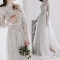 Vintage Lace High Neck Wedding Dress Long Sleeves Wedding Party Gowns 2021 A Line Long Bridal Dress,343 - Thumbnail 2