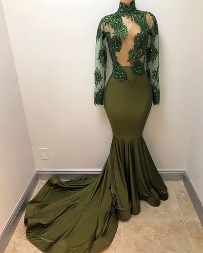 Olive Green See Through Mermaid Prom Dresses Long Sleeve Mermaid Evening Dress Appliques Beaded High Neck Party Gowns,346